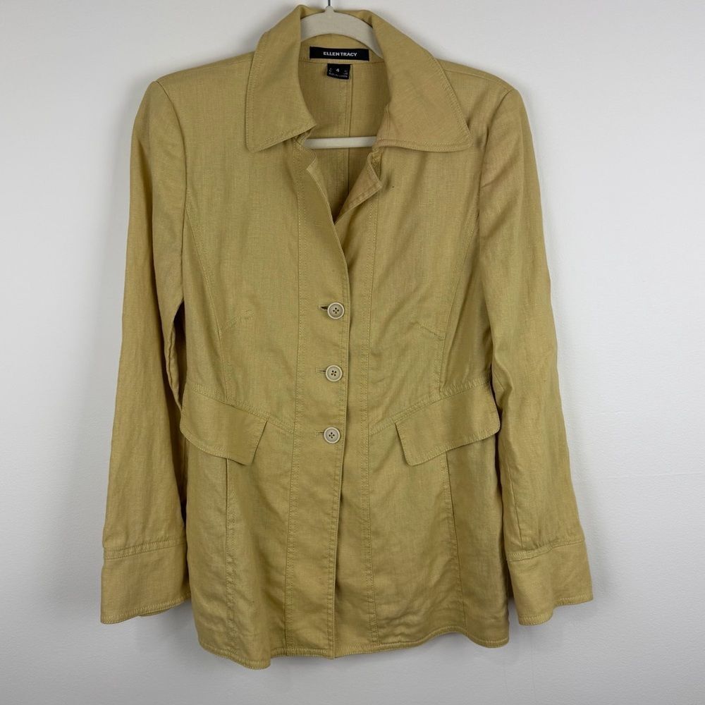 Ellen Tracy Mustard Yellow Linen Button Front Jacket Minimalist Core Size 4